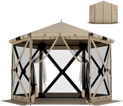 Zeshoekig Paviljoen - Partytent Gazebo - Buitenfeest Organiseren - Waterdicht UV-bestendig - 300 x 260 cm - Kaki