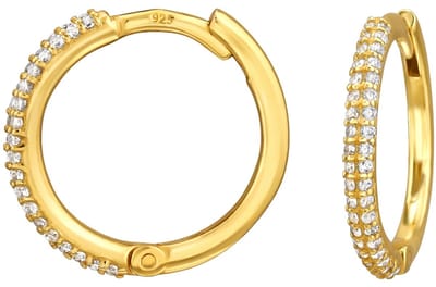Joy|S - Zilveren oorringen - 14 mm / 1.6 mm - zirkonia setting - klap scharnier sluiting - sterling zilver 925 - goldplated - oorbellen - t74