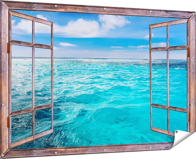 Gards Tuinposter Doorkijk Blauwe Caribische Zee Water - 180x120 cm - Tuindoek - Tuindecoratie - Wanddecoratie buiten - Tuinschilderij
