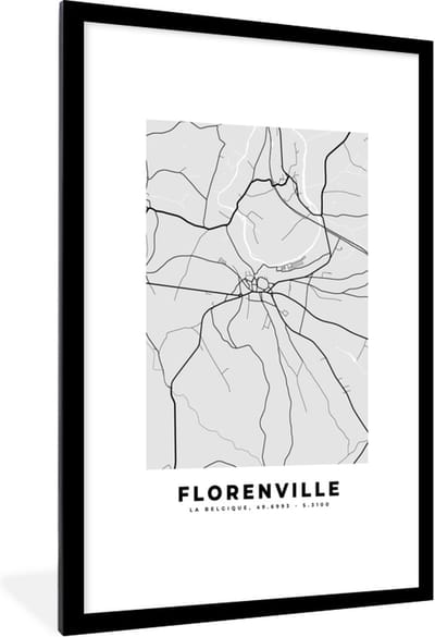 Fotolijst incl. Poster Zwart Wit- Kaart – Plattegrond – Stadskaart – Florenville – België – Zwart Wit - 80x120 cm - Posterlijst