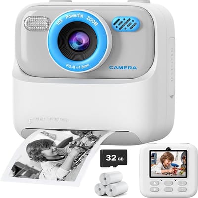 QTTVBTNA - Kinder Instant Print Camera - met 32GB geheugenkaart - Direct Print - Creatieve Kinder Camera - Foto & Video - Cadeau voor Jongens en Meisjes - Wit - 1 Stuk