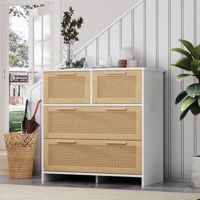 DESMIU Ladekast - Moderne Opbergkast Met 4 Rattan Laden - Voor Slaapkamer Woonkamer En Hal - MDF En Massief Hout - 80x38x80 Cm - Naturel Wit