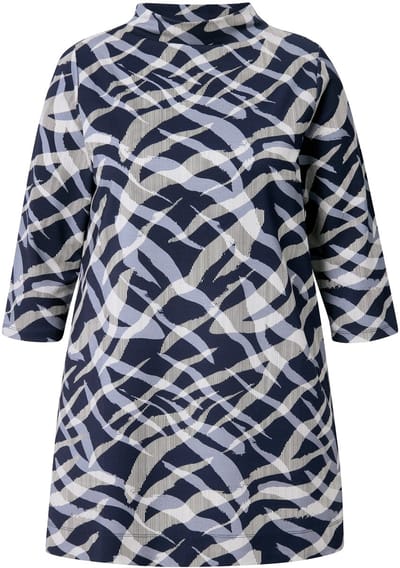 Ulla Popken - Dames - Sweatshirt zebra-dessin A-lijn opstaande kraag 3/4-mouwen - Donkermarine - Maat 50+