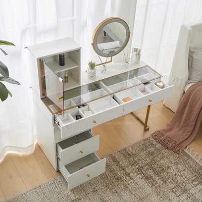 Wishdor - Schminktafel - Met LED-spiegel - Spaanplaat en metalen frame - H115/B120/T45 cm wit/goud