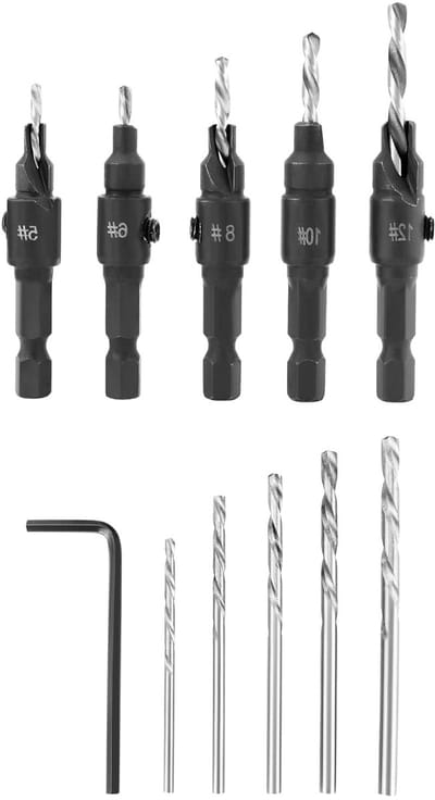 Set van 5 verzonken boorbits 5#, 6#, 8#, 10#, 12#, 1/4" houtboor met 5 verwisselbare boren en een inbussleutel voor houtbewerking en precisiewerk