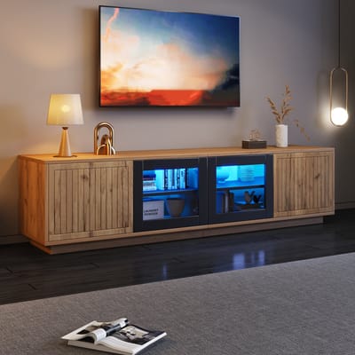 Sweiko TV-kast - Houtnerfafwerking - LED-verlichting - 2 glazen deuren - Natuurlijke + Zwart