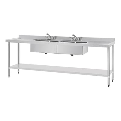 Vogue RVS dubbele spoeltafel met dubbele afdruip 2400 mm