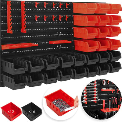MASKO® Gereedschapswand 45-delig met 28x Sorteerdoos Gereedschapshouder inclusief haken - Opbergsysteem voor Gereedschap Organizer Ophangsysteem voor kleine onderdelen Tool Board Opbergdoos Assortimentsdoos - Rood
