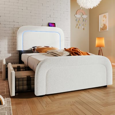 VVBV Gestoffeerd Opbergbed 90x200 cm met Houten Lattenbodem, Verstelbaar Hoofdbord - Lattenbodem - Hout Wit - Zonder Matras