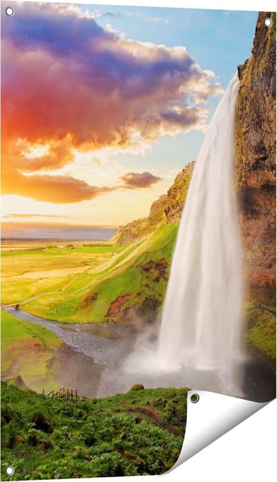 Gards Tuinposter Waterval in IJsland met Zonsondergang - 60x90 cm - Tuindoek - Tuindecoratie - Wanddecoratie buiten - Tuinschilderij