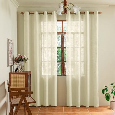 Qelus Set Van 2 Inbetween Gordijnen Linnenlook - 175GSM Vitrage met Ringen - Kant en Klaar Lichtdoorlatend & Privacy - Woonkamer - 2 Stuks - Warm beige - 140x213cm