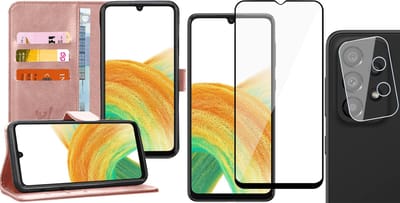 Hoesje geschikt voor Samsung Galaxy A33 - Book Case Kunstleer Wallet Cover Portemonnee Pasjeshouder Hoes Roségoud - Full Tempered Glass Screenprotector - Camera Lens Protector