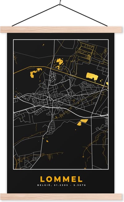 Posterhanger incl. Poster 40x60 cm - Schoolplaat - Stadskaart - Plattegrond - Goud - Lommel - Kaart - Textielposter - Blanke latten - Stadskaart