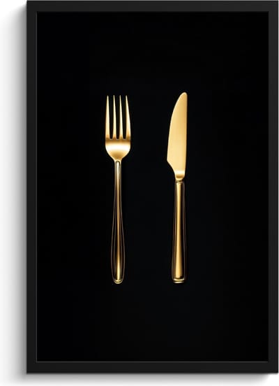 Fotolijst inclusief poster - Posterlijst 40x60 cm - Posters - Bestek - Goud - Mes - Vork - Foto in lijst - Keuken decoratie muur - Wanddecoratie accessoires - Muurdecoratie - Schilderijen