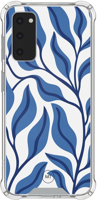 Hoesje (shockproof) geschikt voor Samsung Galaxy S20 FE - Blue leaves - Extra sterke case - TPU/polycarbonaat - Print - Blauw, Transparant