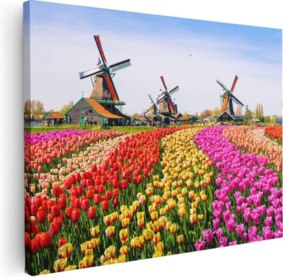 Artaza Canvas Schilderij Molen - 40x30 cm - Klein - Wanddecoratie Tulpen - Muurdecoratie Nederland - Kamer Accessoires Lente
