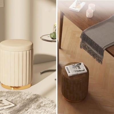 Ronde Opbergpoef met Gewatteerde Linnen Zitting en Deksel - Voetenbank voor Woonkamer en Slaapkamer