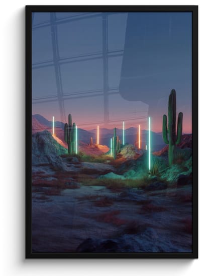 Poster in lijst - Fotolijst 60x90 cm - Posters - Cactus - Lichtzuilen - Zonsondergang - Posterlijst zwart - Decoratie - Wanddecoratie woonkamer - Muurdecoratie slaapkamer