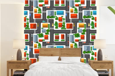 Behang - Fotobehang Patronen - Auto - Huis - Jongens - Kinderen - Kids - Breedte 220 cm x hoogte 240 cm