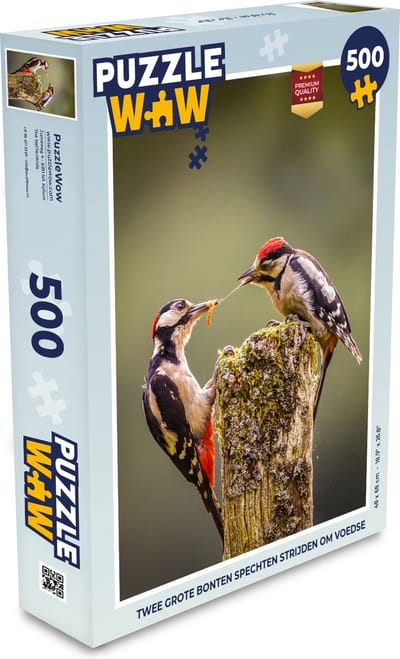 Puzzel Twee grote bonten spechten strijden om voedsel - Legpuzzel - Puzzel 500 stukjes