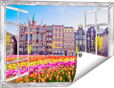 Gards Tuinposter Doorkijk Amsterdamse Huisjes met Tulpen - Kleur - 60x40 cm - Tuindoek - Tuindecoratie - Wanddecoratie buiten - Tuinschilderij