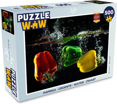 Puzzel Paprika - Groente - Water - Zwart - Rood - Groen - Geel - Legpuzzel - Puzzel 500 stukjes