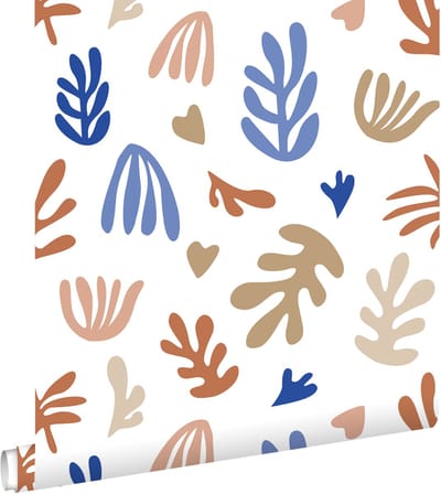 ESTAhome behang planten in Matisse stijl beige, terracotta en blauw - 50 x 900 cm - 131019