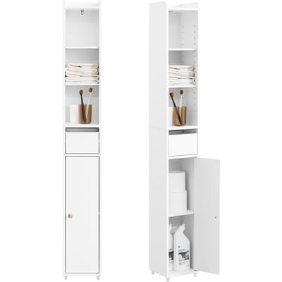 SoBuy Smalle Badkamerkast, Hoge Opbergkast met Deur en Lade, Badkamerrek voor Kleine Ruimtes, Wit, 20x20x145 cm - BZR34-K-W
