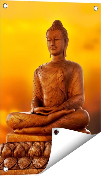 Gards Tuinposter Boeddha Standbeeld bij Zonsondergang - 40x60 cm - Tuindoek - Tuindecoratie - Wanddecoratie buiten - Tuinschilderij
