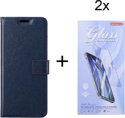 Bookcase Geschikt voor: OnePlus Nord 2 5G - Bookcase Donkerblauw - portemonnee hoesje met 2 stuk Glas Screen protector
