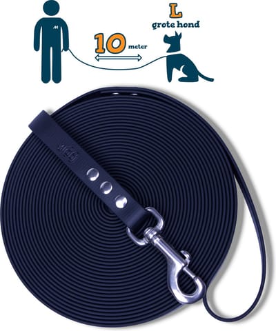 Miqdi lange lijn – BioThane® - zwart – 10meter lang – 19mm breed – L/XL - grote hond– lange hondenriem