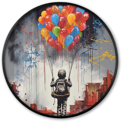 Poster in lijst Rond - Fotolijst 60x60 cm - Posters - Jongen - Ballonnen - Gebouwen - Kunst - Ronde posterlijst zwart - Decoratie - Wanddecoratie woonkamer - Muurdecoratie slaapkamer
