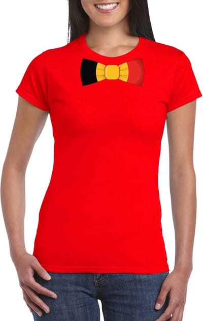 Supporters kleding - t-shirt met Belgie vlag - strikje - rood - dames S