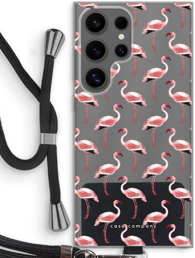 Case Company® - Hoesje met koord geschikt voor Samsung Galaxy S24 Ultra hoesje met Koord - Flamingo - Telefoonhoesje met Zwart Koord - Bescherming aan alle Kanten en Over de Schermrand