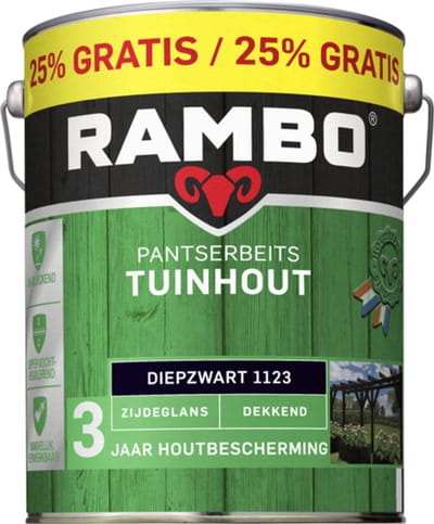 Rambo Pantserbeits Tuinhout - Zijdeglans - Dekkend - Diepzwart - UV-blockend - Makkelijk verwerkbaar - 4L + 25% gratis