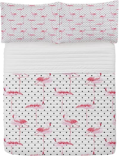 ABAKUHAUS Retro Microfiber Bedspreiset, Flamingo Birds Polka dots, zacht beddengoed met kussenslopen en quilt, 264 cm x 220 cm, lichtroze wit