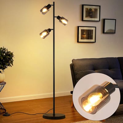 Glitzerlife - Vloerlamp Staande Lamp - Industriële Vintage Leeslamp 3-Lichts - Draaibare Glazen Lampenkappen - E14 Fitting - Ø23x138 cm - Zwart