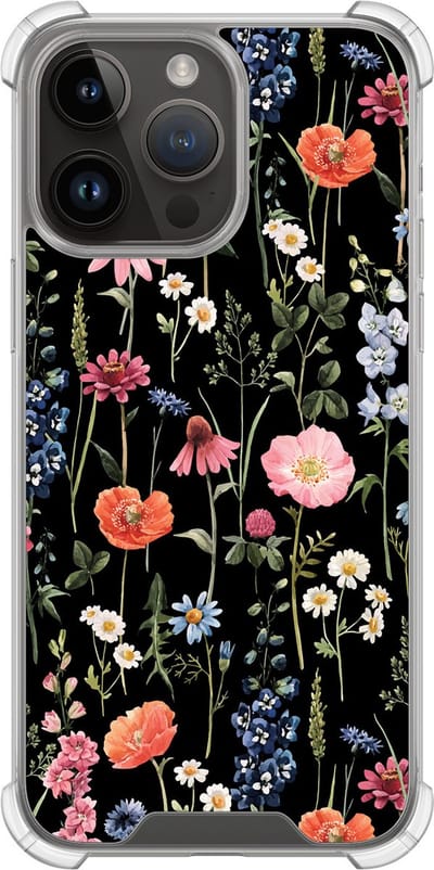 Shockproof hoesje - Geschikt voor iPhone 14 Pro Max - Dark flowers - Extra sterke case - TPU/polycarbonaat - Bloemen - Multi, Transparant