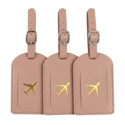 Roze kofferlabel set dames heren – PU leren bagage labels met vliegtuig icoon – privacybescherming koffertags – verstelbare bagage hanger voor koffer en reistas – reis accessoires – set van 3