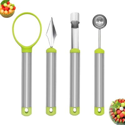 4 stuks - Fruitmessenset van roestvrij staal - Fruitlepel - Fruitsnijmes - Groen - Meloenlepel van roestvrij staal - Fruitsnijmessenset - Fruitlepel - Geschikt voor meloenen, watermeloenen en ander fruit