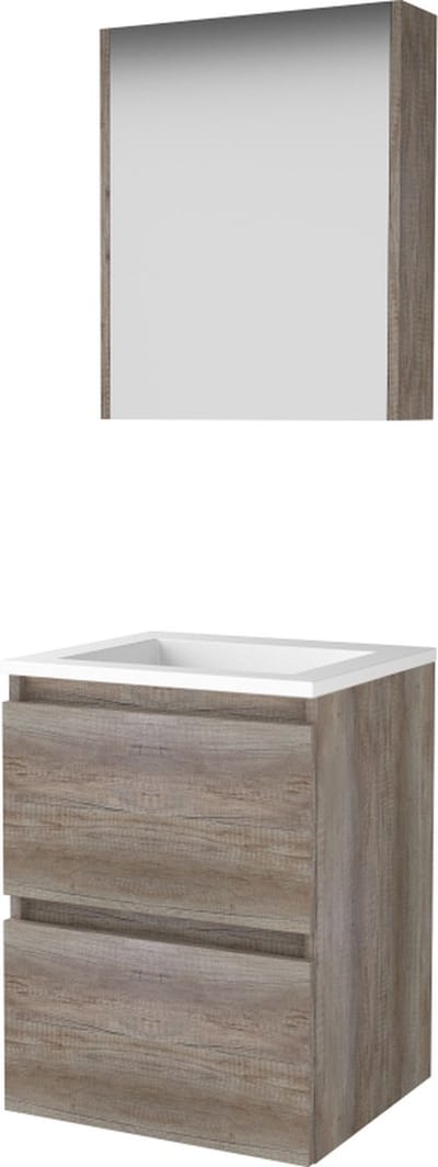 Basic Comfort 46 badmeubelset met spiegelkast, greeploze wastafelonderkast met 2 lades en acryl wastafel zonder kraangaten 50 x 46 cm, scotch oak