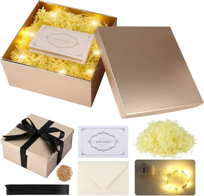 Cadeaubox met Deksel Set, 20 x 20 x 10 cm, Vouwbare Geschenkenbox met Strik, Wenskaart, Envelop en LED Verlichting voor Verjaardag, Bruiloft en Feestelijke Gelegenheden