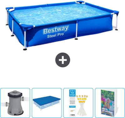 Bestway Rechthoekig Steel Pro Zwembad - 221 x 150 x 43 cm - Blauw - Inclusief Pomp - Afdekzeil - Testrips - Zwembadgids