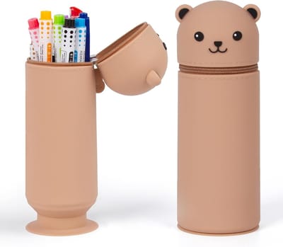 2-in-1 Siliconen Pennenzak met Rits voor School en Kantoor, Schattige Beer Ontwerp, Geschikt voor Jongens en Meisjes, Bruin