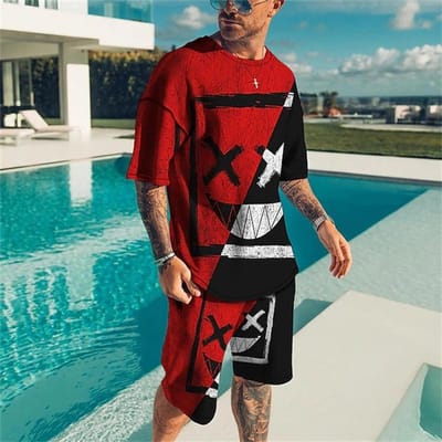 Nouveau Set T-shirt et Short Mode Décontractée d'Été Homme Motif Crâne Rétro Impression 3D Stéréoscopique Ensemble Short Manches Courtes Homme 6XL red