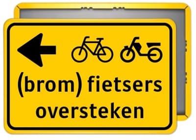Bord (brom)fietsers oversteken pijl links - geel - Weerbestendig Aluminium - 60x90 cm - Bevestiging: Zonder bevestiging (alleen het bord)