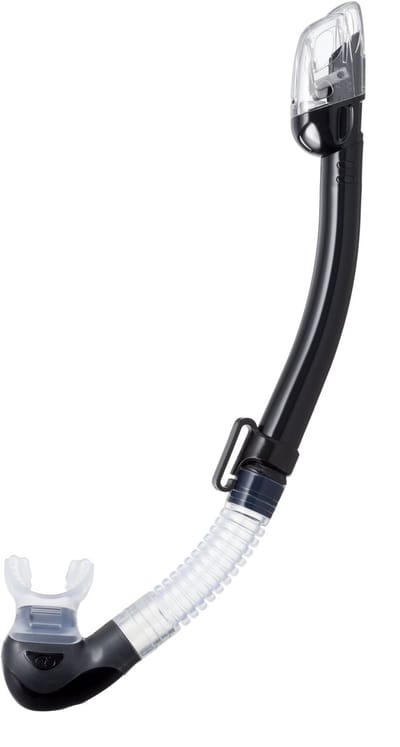 TUSA Hyperdry Elite II – Premium snorkel met droogtop systeem en hypoallergene siliconen mondstuk – Zwart/Transparant – SP0101 BK