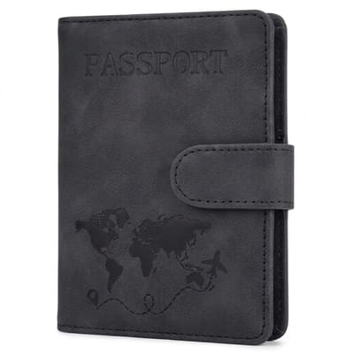 Zwarte paspoort houder documentmap dames heren RFID bescherming reis documenthoes paspoorthouder wereldkaart print paspoort hoesje vakantie accessoires kaarthouder reis organizer met drukknoop