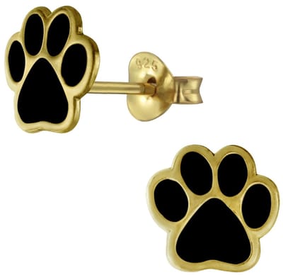 Joy|S - Zilveren kat hond dierenpoot oorbellen - zwart - gold plated