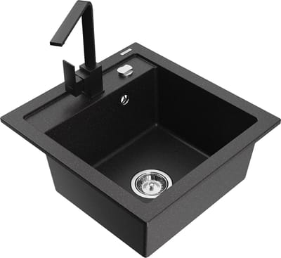 Mexen Vito granieten gootsteen 1-kompers met keukenkraan Rita, zwart/zilver metallic - 6503-73-670300-70